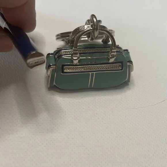 Coach Teal and Navy Enamel Bag Keychain and Black Vintage Coach Pen - Picture 5 of 7